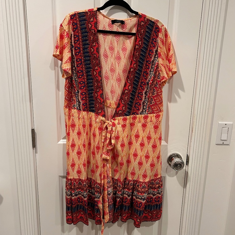 ZESICA Boho Print Open Front Kimono Dress Cover Up Size Large